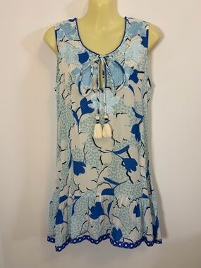 TAJ Silva Blue Wild Tulips Embroidered Silk Dress